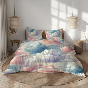 Cloud Print Bedding Set, Blue Pink White Duvet Cover, Sky Pattern Bed Set