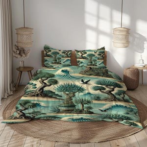 Botanische fantasie beddengoedset - beige groenblauw olijfgroen zwart natuurkunst - Dekbedovertrek en kussenslopen - natuur slaapkamerinrichting