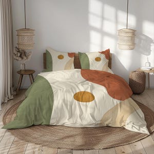 Modern Abstract Bedding Set in Olive Green Terracotta Mustard and Beige Tones, Minimalist Duvet Cover with Pillowcases