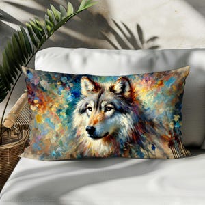 Puede incluir: Una pintura abstracta colorida de la cabeza de un lobo. El lobo está mirando hacia la izquierda, y el fondo es una mezcla de azules, amarillos y naranjas.