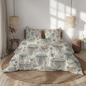 Neutral Jellyfish Bedding Set – Soft Beige, Dusty Blue, Warm Coral & Charcoal Grey –  Duvet Cover with Pillowcases