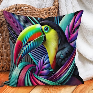 Vibrant Toucan Throw Pillow Cover, Tropical Square Pillow Case, Cotton Linen, Durable Double-Sided Print, Exotic Home Decor, Various Sizes