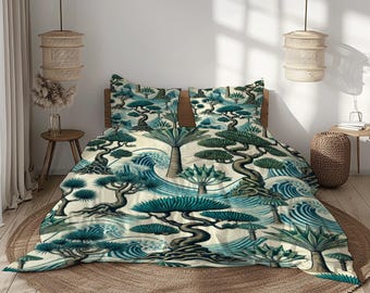May include: Bedding set featuring a botanical design with stylized trees and ocean waves in shades of teal and cream. The pattern is repeated on the duvet cover and pillowcases, creating a cohesive aesthetic. The set is displayed on a bed with a wooden headboard.