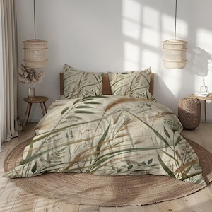 Set di biancheria da letto con copripiumino e federe, beige, verde oliva, tortora, stampa botanica di erba