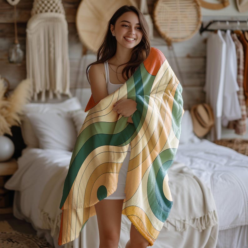 Retro Abstract Throw Blanket - Mid-Century Modern Design Lightweight Soft Fleece Blanket - Colorful Boho Vintage Style - Green, Orange,Beige image 5