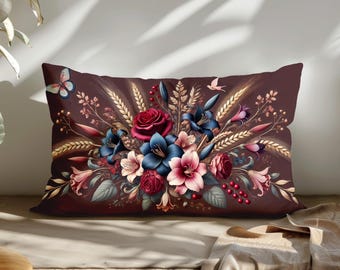 Floral Lumbar Pillow Cover – Elegant Burgundy Rectangular Pillow Case with Wildflowers – Double Sided Farmhouse Floral Decor Gift