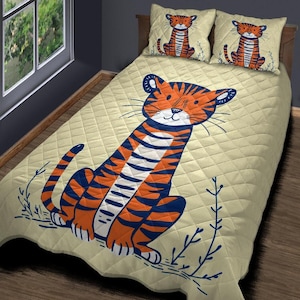 Tiger Kids Quilt Set – Cute Jungle Animal Diamond Bedding with Pillowcases, Playful Tiger Comforter Gift for Boys, Girls or Toddler Room
