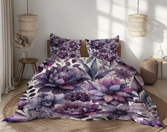 Purple Floral Bedding Set - Elegant Botanical Design in Shades of Lavender, Violet, and Cream -  Duvet Cover with Pillowcases