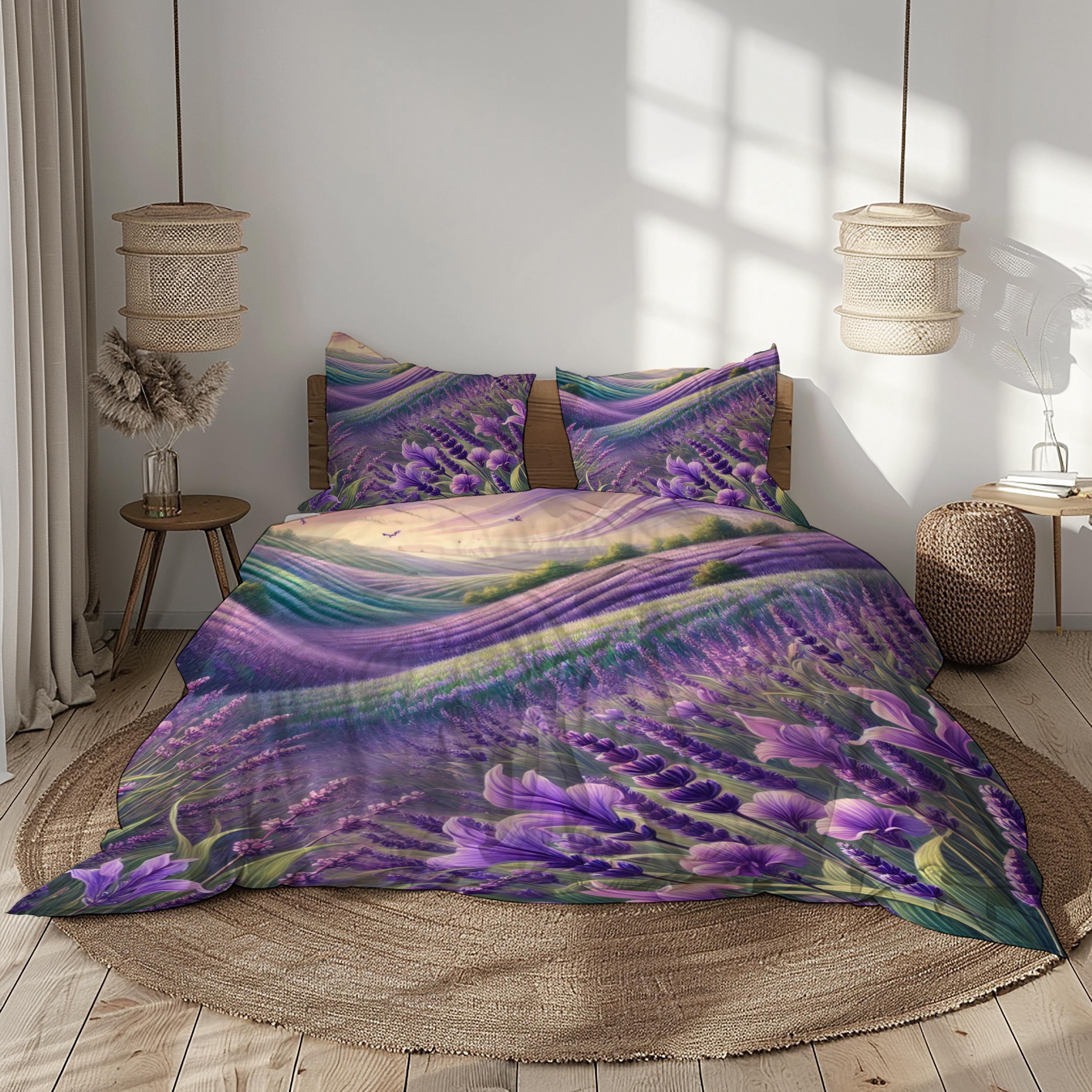 Lavender Field Bedding Set – Purple, Green, Gold &amp; Beige Duvet Cover ...
