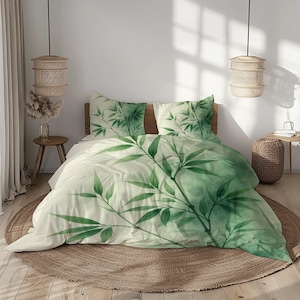 Dekbedovertrekset Green Leaf Botanical – salie, smaragd, wit, bosgroen | Natuur aquarel beddengoed | Geen vulling | Meerdere maten