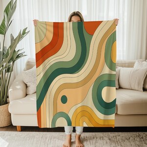 Retro Abstract Throw Blanket - Mid-Century Modern Design Lightweight Soft Fleece Blanket - Colorful Boho Vintage Style - Green, Orange,Beige image 3