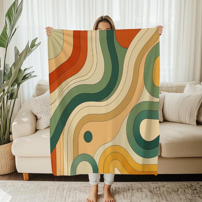 Retro Abstract Throw Blanket - Mid-Century Modern Design Lightweight Soft Fleece Blanket - Colorful Boho Vintage Style - Green, Orange,Beige image 3