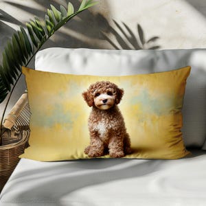 Curly Cavapoo Puppy Lumbar Pillow Cover, Double-Sided Cotton Linen Case, Adorable Dog Print Decorative Rectangle Pillowcase for Sofa or Bed