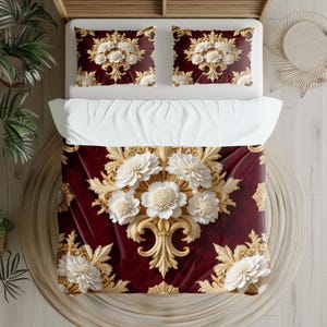 Baroque Floral Bedding Set – Deep Burgundy, Antique Gold, Cream White, Soft Beige – Polyester Duvet Cover & Pillowcases – Vintage Luxe Style