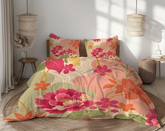 Vintage Floral Duvet Cover Set, Pink Peach Botanical Bedding, Romantic Garden Microfiber Bedding with 2 Pillowcases