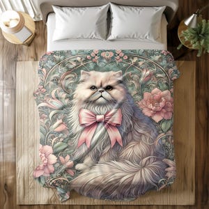 Persian Cat Throw Blanket - Vintage Floral Fleece Blanket with Pink Bow Design - Cozy Decorative Bedspread for Sofa, Couch, or Bedroom