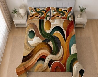 May include: A bedspread and two matching pillow shams featuring a layered, abstract design of flowing, curved lines in shades of mustard yellow, forest green, burnt orange, cream, and deep brown, creating a textured, wave-like visual pattern.