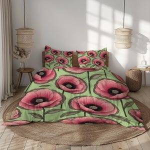 Oversized Pink Poppy Duvet Cover Set in Green Black Rose Blush – Vintage Botanical Bedding for Romantic Nature-Inspired Bedrooms