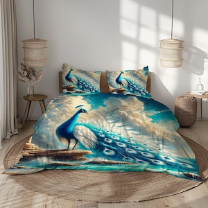 Parure de lit paon fantaisie - Housse de couette et taies d'oreiller Blue Bird - Tailles Royaume-Uni UE UA - Très grand lit, grand lit double - Couvre-lit personnalisé en polyester