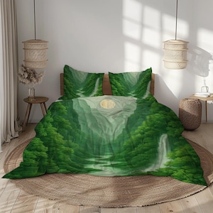 May include: A green and white bedding set featuring a landscape design with a waterfall, river, and trees. The set includes a comforter and two pillowcases. The design depicts a mountain scene with a full moon in the sky. The bedding is displayed on a wooden bed frame.