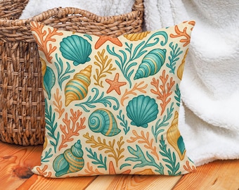 Seashell Pillow Cover • Coastal Beach Throw Pillow Case • Sea Life Cushion Cover • Nautical Ocean Decor for Summer Living