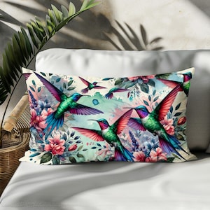 Colorful Hummingbird Decorative Pillow - Floral Nature Cushion for Boho Home Decor - Bird and Flower Accent Throw Pillow