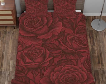 Elegante juego de cama con edredón y rosas rojas intensos: romántica colcha floral con fundas de almohada a juego, decoración botánica vintage para dormitorio.