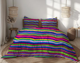 Gestreifter Bettbezug, farbenfrohe moderne Bettwäsche, Bettbezug mit auffälligen Regenbogenstreifen, verspielte Schlafzimmerdekoration