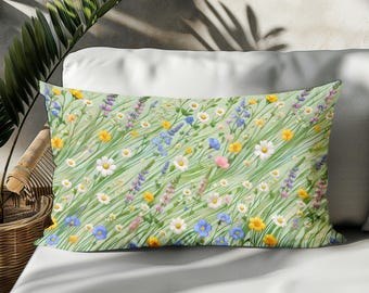 Housse de coussin lombaire fleurs sauvages, taie d'oreiller lombaire coton et lin, coussin floral printanier recto-verso, coussin rectangulaire pour canapé ou lit