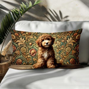 Vintage Cavapoo Puppy Lumbar Pillow Cover, Double-Sided Cotton Linen Case, Adorable Dog Print Decorative Rectangle Pillowcase with Floral
