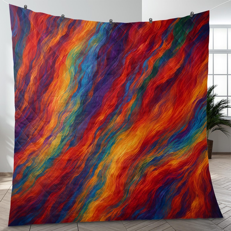 Colorful Abstract Quilt Bedding Set, Rainbow Wave Bedspread, Vibrant ...
