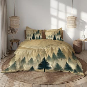 Waldlandschaft Bettwäsche-Set - Ruhiges Kiefernbaum-Design in Grün- und Beigetönen - Bettbezug mit Kissenbezügen