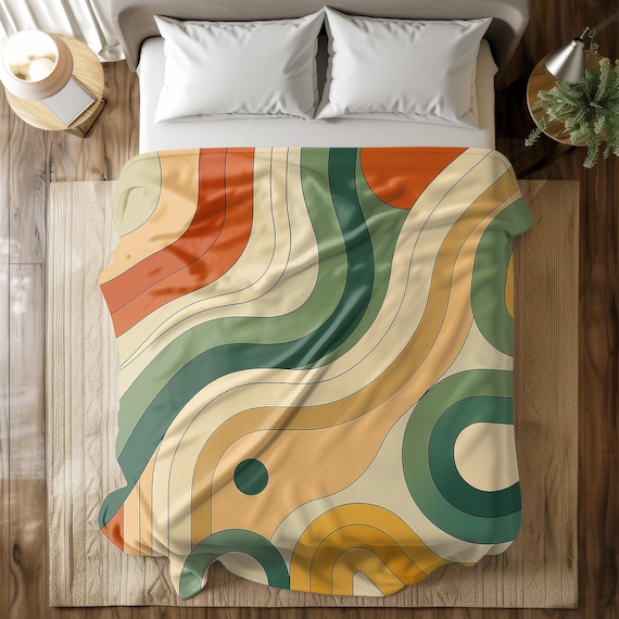 Retro Abstract Throw Blanket - Mid-Century Modern Design Lightweight Soft Fleece Blanket - Colorful Boho Vintage Style - Green, Orange,Beige