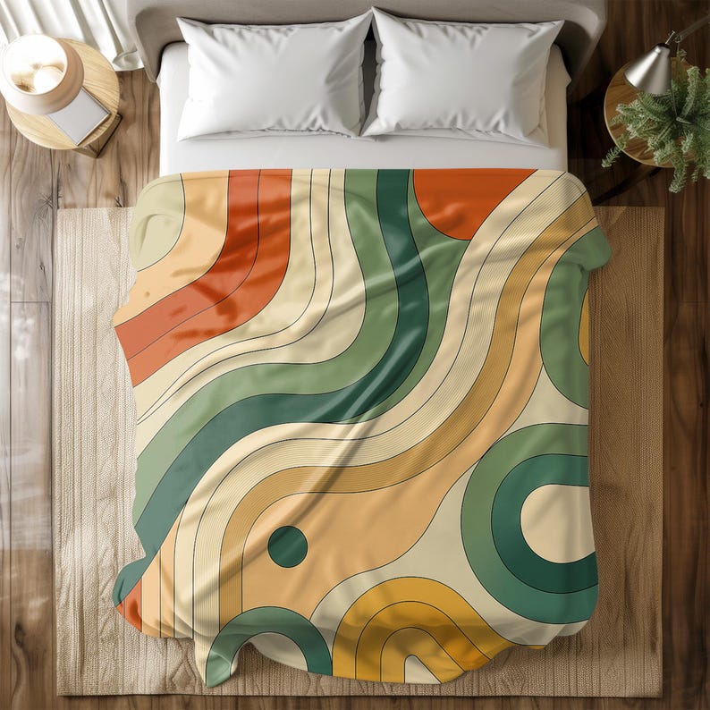 Retro Abstract Throw Blanket - Mid-Century Modern Design Lightweight Soft Fleece Blanket - Colorful Boho Vintage Style - Green, Orange,Beige image 1