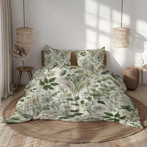Botanical Herb Bedding Set - Green Cream Sage White Nature Print - Duvet Cover & Pillowcases