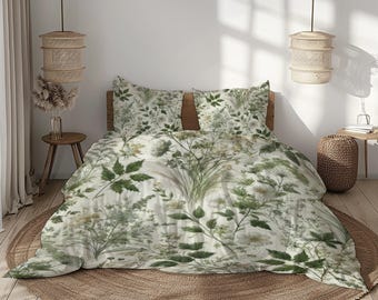 Botanical Herb Bedding Set - Green Cream Sage White Nature Print - Duvet Cover & Pillowcases