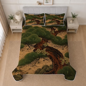May include: A bedding set featuring a quilt and two matching pillowcases with a detailed print of a gnarled pine tree. The design displays a textured brown trunk with deep green foliage against a sandy, tan-coloured background.