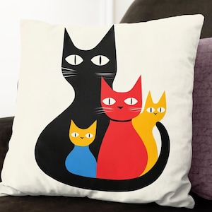 Modern Cat Family Throw Pillow Cover| Vibrant Red, Yellow, Blue & Black Cats Design | Decorative Cushion for Home Décor, Durable, Multisize