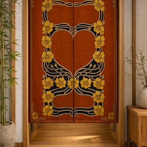 May include: A rectangular fabric door curtain featuring a deep rust-orange background with a symmetrical, dark navy blue and yellow floral pattern. The design consists of stylized yellow flowers and flowing dark lines forming a central heart shape.