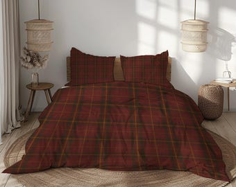 Red Tartan Duvet Cover Set – Classic Plaid Bedding with Pillowcases in Brushed Microfiber