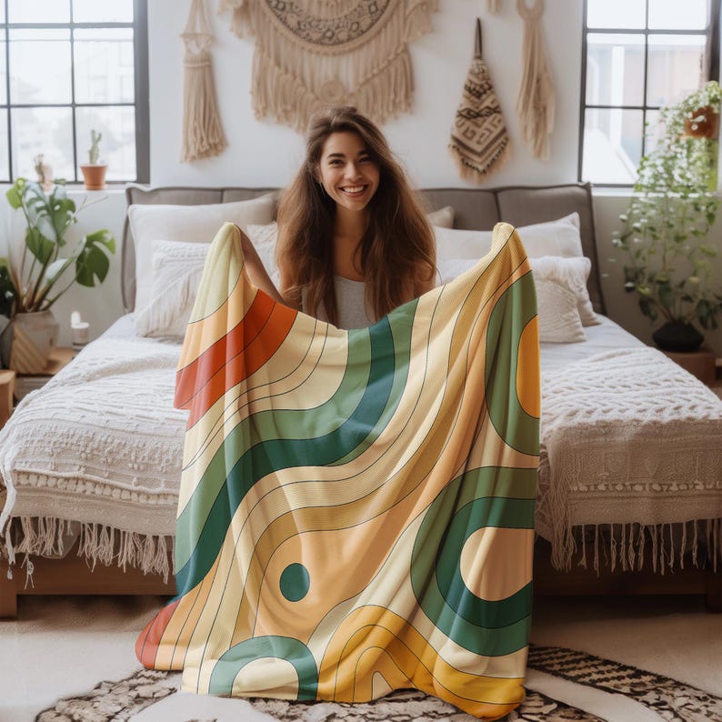 Retro Abstract Throw Blanket - Mid-Century Modern Design Lightweight Soft Fleece Blanket - Colorful Boho Vintage Style - Green, Orange,Beige image 4