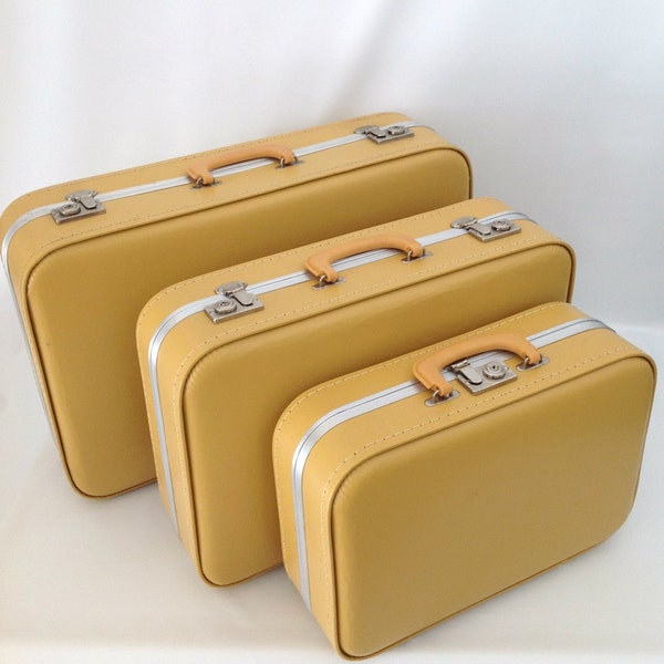 Reserved For Andrea, Vintage 3 Piece Matching Mustard Yellow Stackable Luggage Set With Key