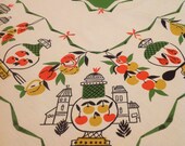 1950s Square Linen Tablecloth, Vintage Conversational Tablecloth with Geometric Lines Fruit and Jars, 1950s Stylized Cotton Table Covering