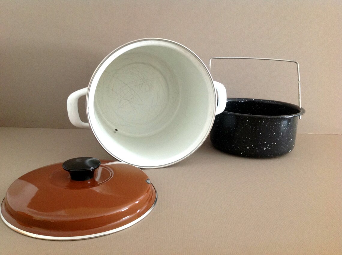 Vintage Enamelware Stock Pot and Steamer Retro Porcelain Etsy