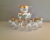 Antique Victorian Glass Water Pitcher and 6 Hand Blown Glass Tumblers Set, Hand Painted Enamel Lily of the Valley Flowers and Detailing