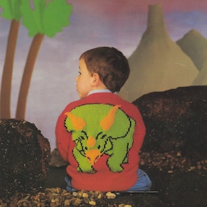 PDF instant digital download knitting pattern A4 enhanced DK Child 22-30 Inch Cardigan Triceratops