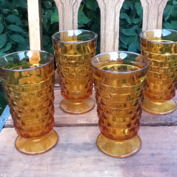 Set of 4 Golden Amber Ice Tea Drinking Glasses, Indiana Glass Whitehall Pattern Vintage Tumbler FRBE1 DeAnnasAttic