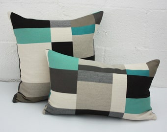 teal and beige pillow cover, Maharam fabric pillow, gray lumbar pillow cover, beige gray pillow cover, teal pillow, maharam pillow