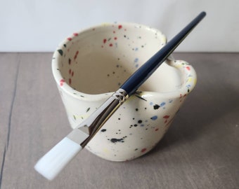 Handmade Colorful Pottery Paint Water Cup, Artist Brush Holder with a folded rim for holding brush.