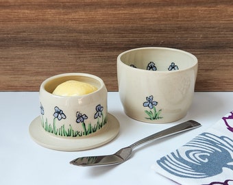 PRE ORDER | Iris Flower Handmade Butter Crock, Pottery French Butter Keeper - Ivory, Purple, and Green Butter Dish with Hand Painted Flowers